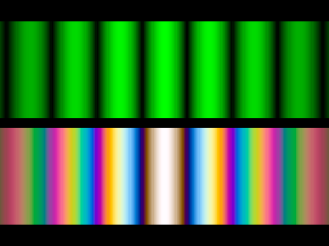 Double slit diffraction pattern: Top - Monochromatic light Bottom: White light